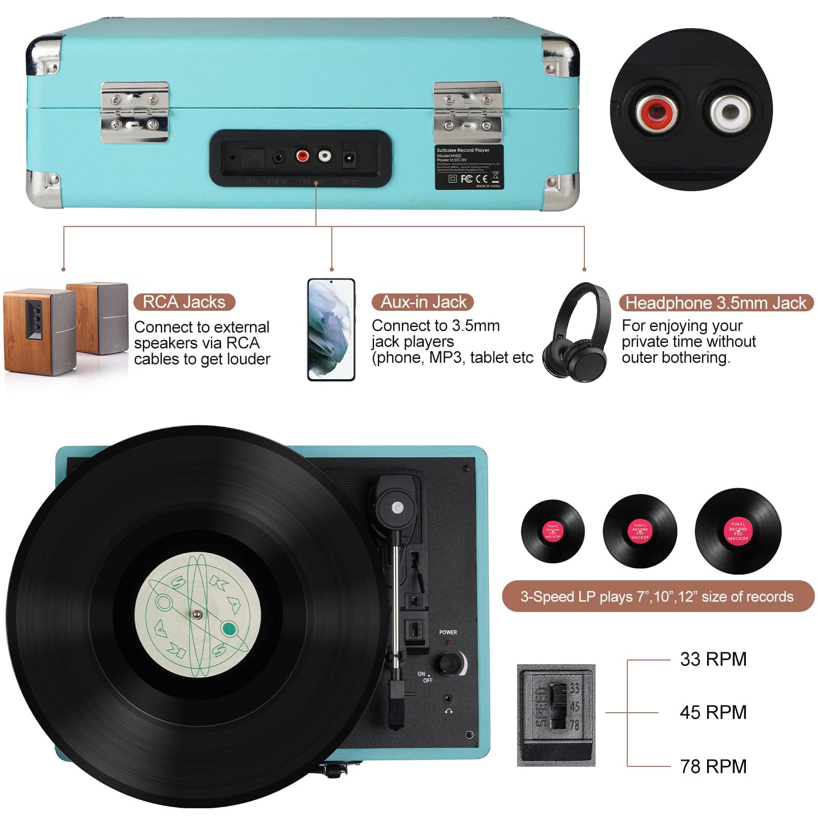 Amazon.co.jp: ビニールレコードプレーヤー、3速スーツケース